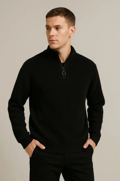 Erkek Fitilli Triko Kazak 2’li Set – Siyah - Bej Kalın Dokuma Pamuklu Regular Fit V Yaka Fermuarlı Uzun Kollu Rahat Kışlık Kazak Kombini