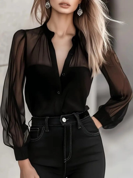 Kadın Uzun Kollu Hakim Yakalı önden Düğmeli Tül Detaylı Trikoton Gömlek