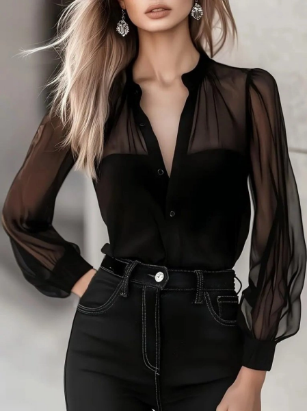 Kadın Uzun Kollu Hakim Yakalı önden Düğmeli Tül Detaylı Trikoton Gömlek