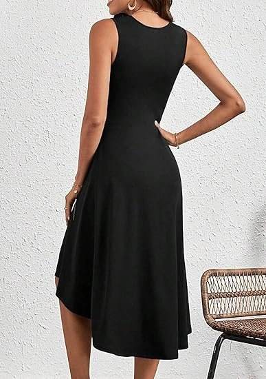 Kadın Sıfır Kollu Bisiklet Yaka Büzgülü Asimetrik Kesim Detaylı Janjan Krep Elbise