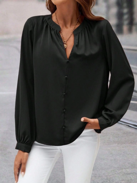 Kadın Uzun Kollu önden Düğmeli Hakim Yaka Ithal Krep Bluz