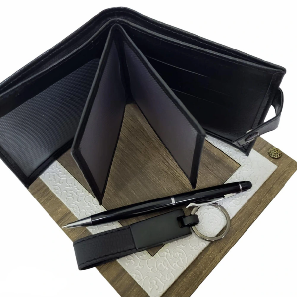 Ahşap Deri Kutulu Siyah Renk 3'lü Hediye Seti - Kalem, Cüzdan, Anahtar