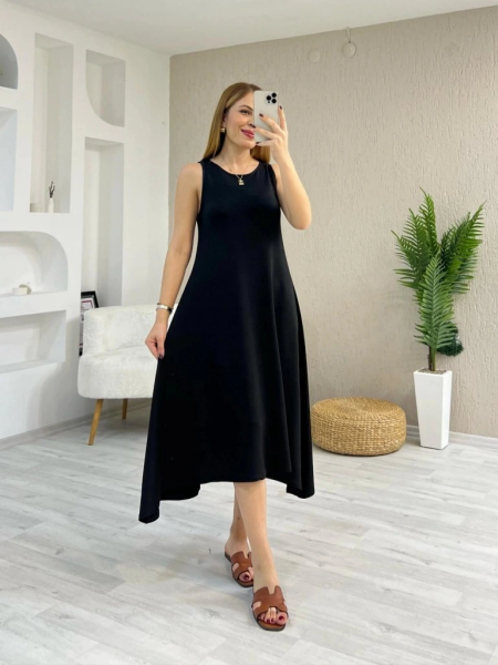 Kadın Askılı Yuvarlak Yakalı Asimetrik Kesim Detaylı Viskon Elbise