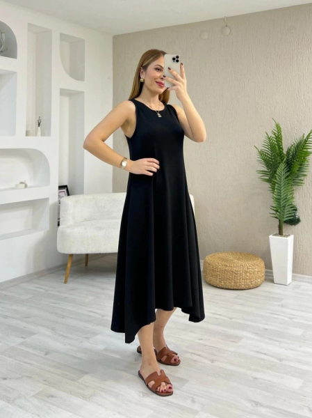 Kadın Askılı Yuvarlak Yakalı Asimetrik Kesim Detaylı Viskon Elbise