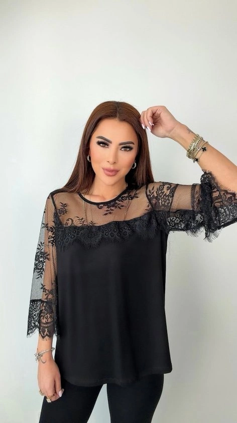 Kadın Bisiklet Yaka Dantel Güpür Transparan Detay Viskon Kumaş Bluz