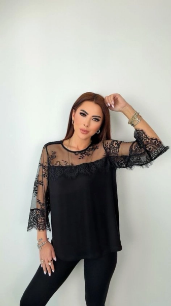 Kadın Bisiklet Yaka Dantel Güpür Transparan Detay Viskon Kumaş Bluz