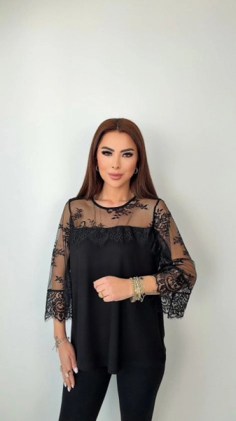 Kadın Bisiklet Yaka Dantel Güpür Transparan Detay Viskon Kumaş Bluz