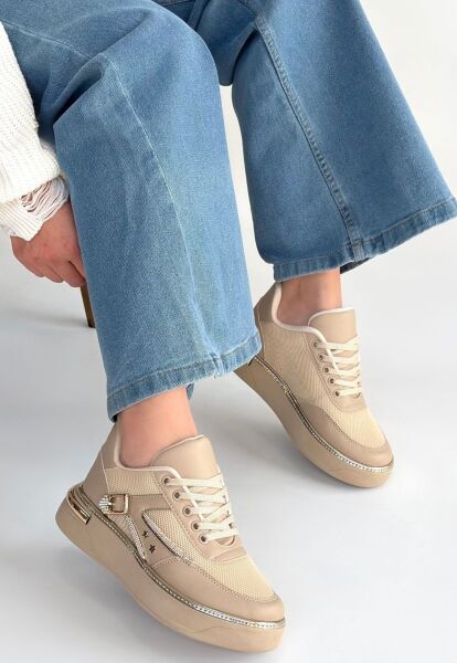 Junda Bej Cilt Bağcıklı Spor Ayakkabı