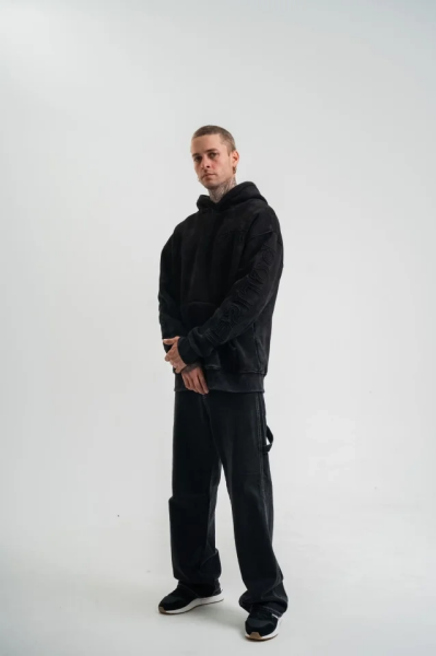 Unisex Uzun Kol Kapşonlu Yıkamalı Nakışlı SweatShirt - Siyah