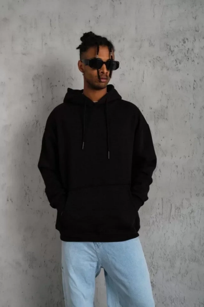 Erkek Düz Kapüşonlu Sweat - Siyah