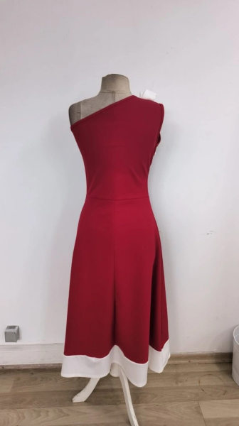 Kadın Tek Omuzu Açık Omuzlardan Kurdela Detaylı çift Renkli Ithal Krep Elbise