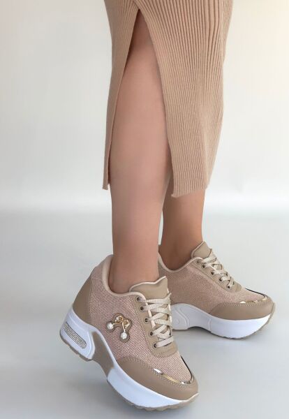 Wody Bej Cilt Simli Bağcıklı Spor Ayakkabı