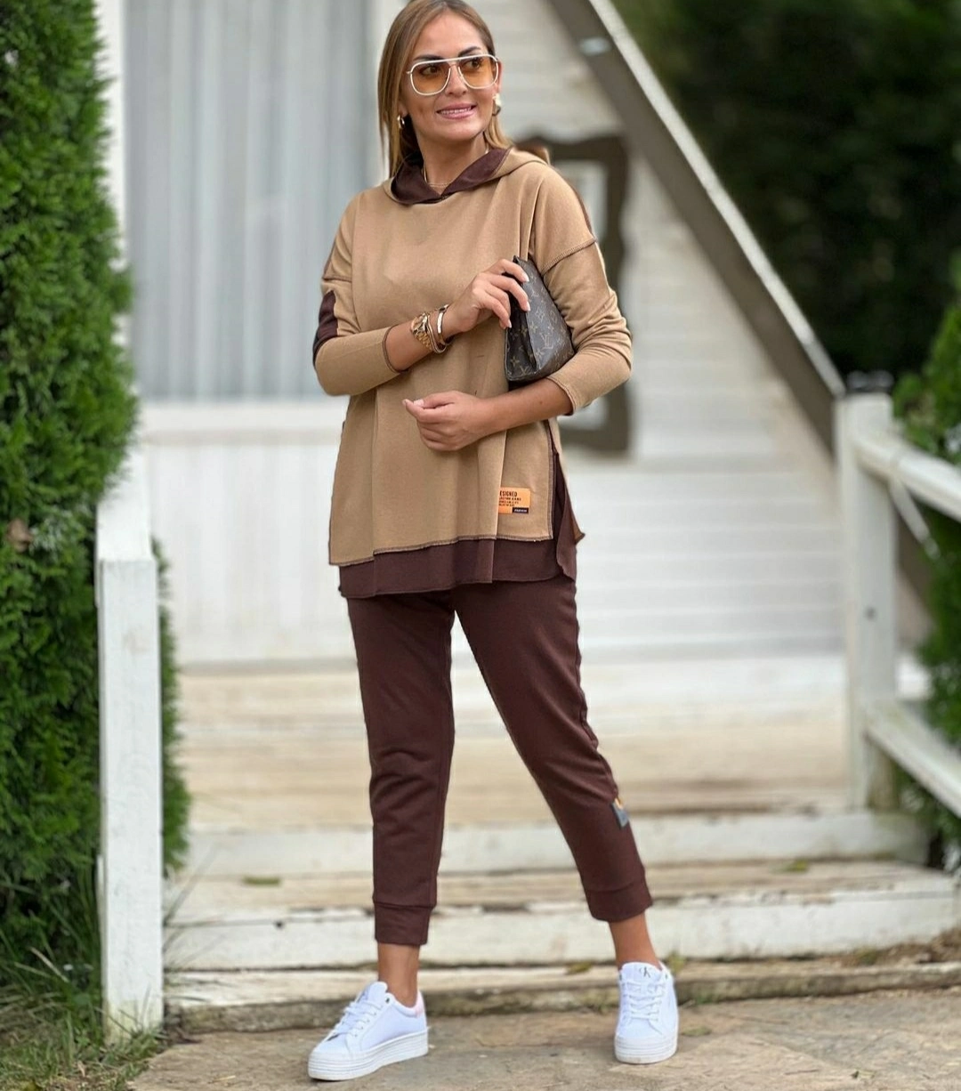 Kadın Yeşil Kapşonlu Etek Ucu Detay Arma Ters Dikiş Gorunumlu Ikili Takım