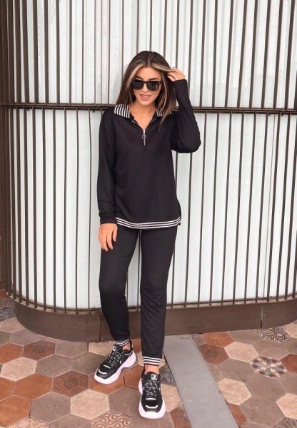 Kadın Uzun Kollu Ribana Ve Fermuar Detay Bluz Ve Yüksel Bel Pantolon 2li Takım