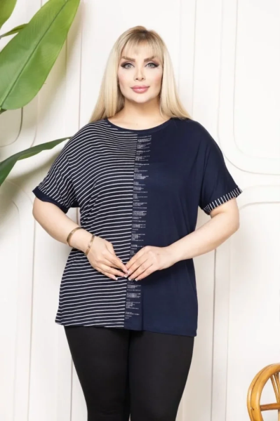 Büyük Beden Taş Detaylı Çizgili Viskon Tişört Bisiklet Yaka Rahat Kesim - Lacivert