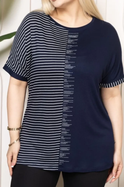 Büyük Beden Taş Detaylı Çizgili Viskon Tişört Bisiklet Yaka Rahat Kesim - Lacivert