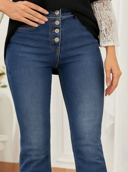 Kadın Yüksek Bel önden Düğmeli Cep Detay Ispanyol Paça Denim Pantolon