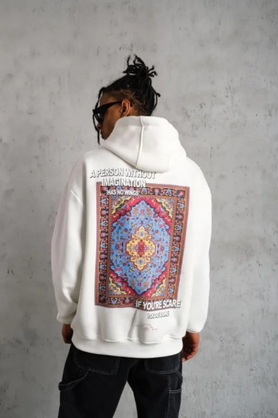 Erkek Kilim Desen Kapüşonlu Sweat- Beyaz