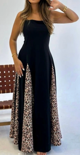 Kadın Dalgıç Kumaş Leopar Desenli Kloş Elbise