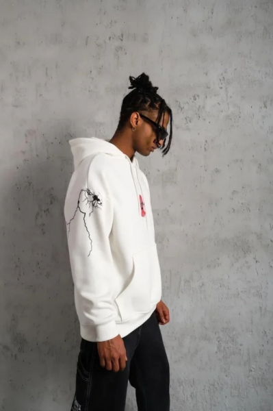 Erkek Maske Baskılı Kapüşonlu Sweat - Beyaz