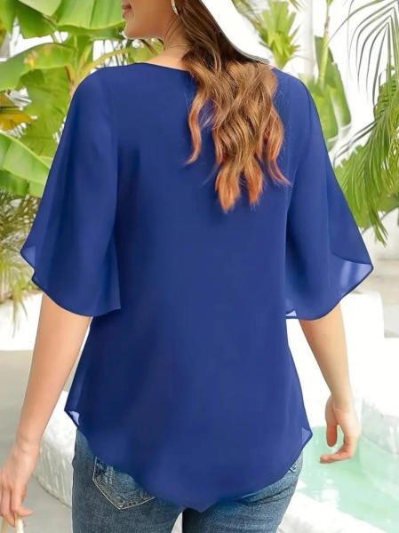 Kadın Kısa Yırtmaç Kollu Yuvarlak Yaka şifon Bluz