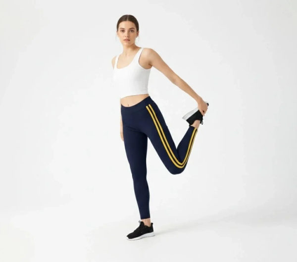 Likralı Yan Sarı Şeritli Detaylı Tayt - Siyah