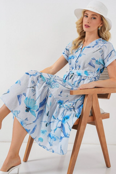 Desenli Kısa Kol Elbise 2558 - Mavi