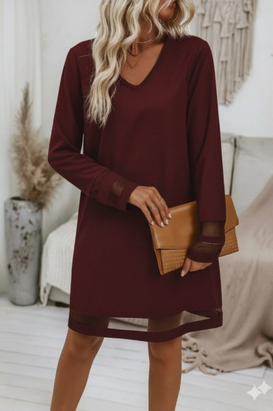 Kadın Uzun Kollu V Yakalı Tül şerit Detaylı Mini Krep Elbise