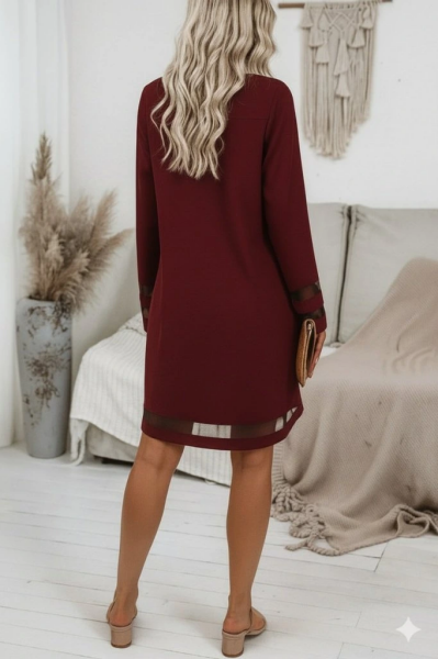 Kadın Uzun Kollu V Yakalı Tül şerit Detaylı Mini Krep Elbise