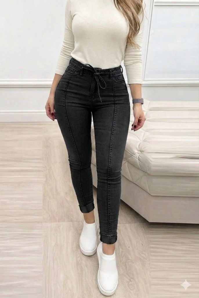 Kadın Yüksek Bel Belden Kuşaklı Yırtık Detaylı Kot Pantolon