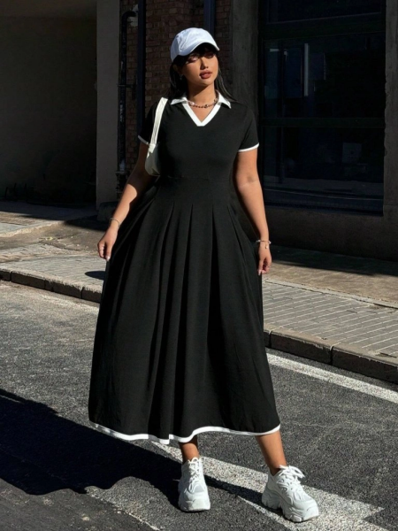 Kadın Kısa Kollu V Yakalı Pileli Uzun Janjan Krep Elbise