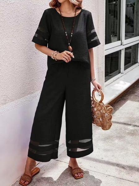 Kadın Kısa Kollu Bisiklet Yakalı Tül şerit Detaylı Bluz Ve Pantolon Ikili Takım