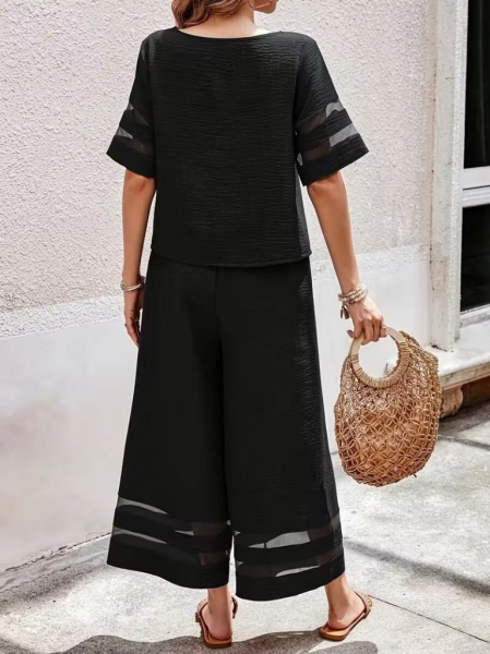 Kadın Kısa Kollu Bisiklet Yakalı Tül şerit Detaylı Bluz Ve Pantolon Ikili Takım