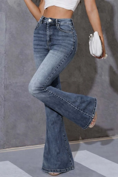 Kadın Yüksek Bel Fermuarlı İspanyol Paçalı Kot Pantolon