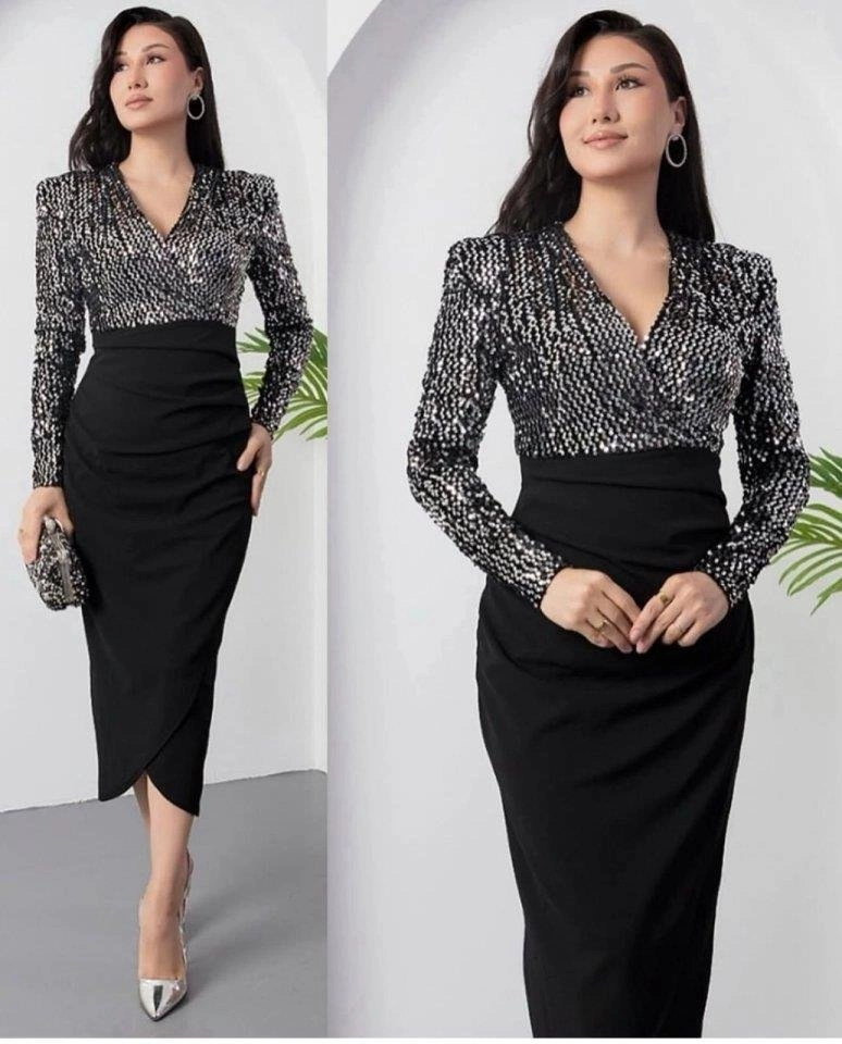 Kadın Uzun Kollu Kruvaze Yaka Pul Payet Detay Midi Boy Elbise