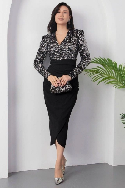 Kadın Uzun Kollu Kruvaze Yaka Pul Payet Detay Midi Boy Elbise