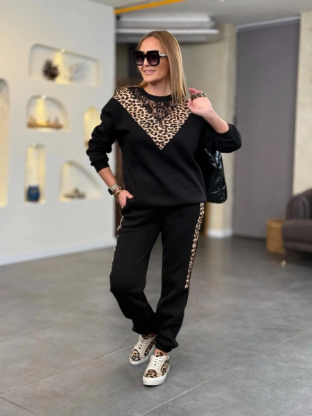 Kadın üç Iplik Kumaş Leopar Desenli Dantel Detaylı Ikili Takım