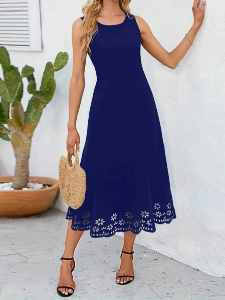 Kadın Kolsuz Etek Ucu Lazer Kesim çiçek Desenli Midi Boy Ithal Krep Elbise