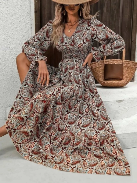 Kadın Uzun Kollu V Yakalı Beli Lastikli Desenli Süprem Elbise