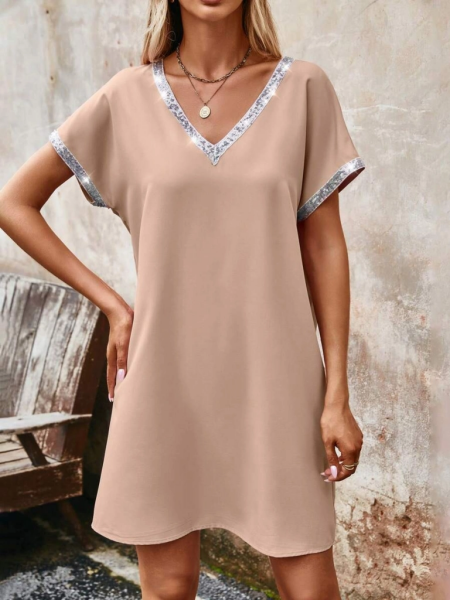 Kadın Yaka Ve Kol Pul Payet şeritli Ithal Krep Elbise