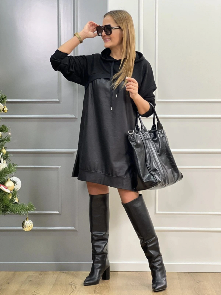 Kadın Uzun Kollu Kapüşon Ve Deri Detay Diz üstü Elbise