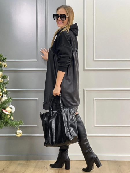 Kadın Uzun Kollu Kapüşon Ve Deri Detay Diz üstü Elbise