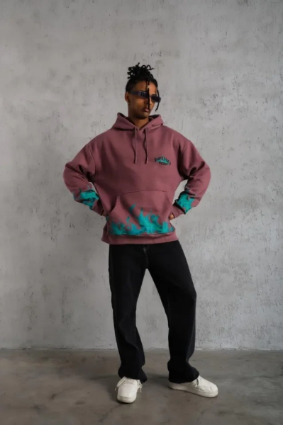 Erkek Üç İplik Içi Pamuklu Alev Baskılı Kapüşonlu Sweatshirt - Gül Kurusu