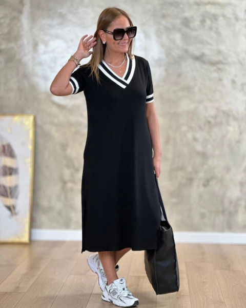 Kadın Kısa Kollu V Yaka Kol Ve Yaka Ribana Detay Midi Boy Viskon Elbise