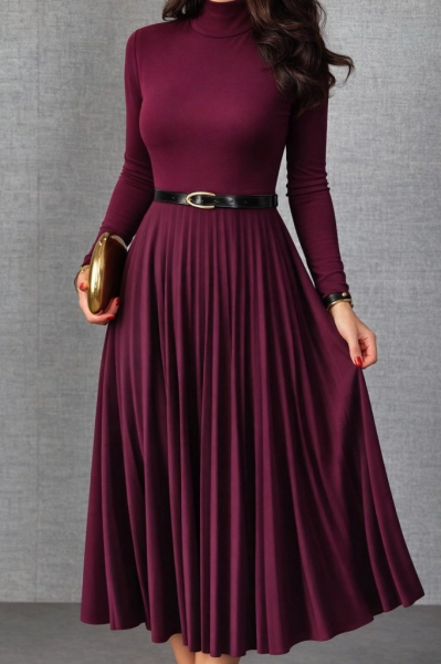 Kadın Uzun Kollu Balıkçı Yaka Kemersiz Pileli Uzun Sandy Elbise