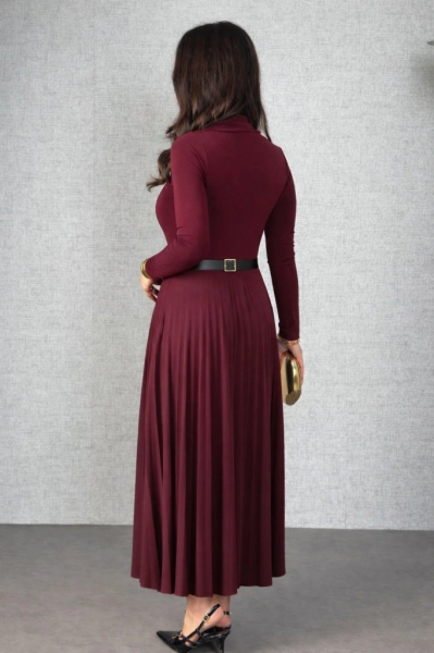 Kadın Uzun Kollu Balıkçı Yaka Kemersiz Pileli Uzun Sandy Elbise