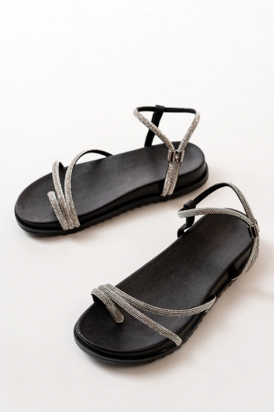 1001-1101 Siyah Gümüş Taşlı Günlük Kadın Sandalet