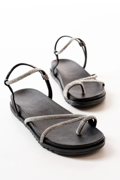 1001-1101 Siyah Gümüş Taşlı Günlük Kadın Sandalet