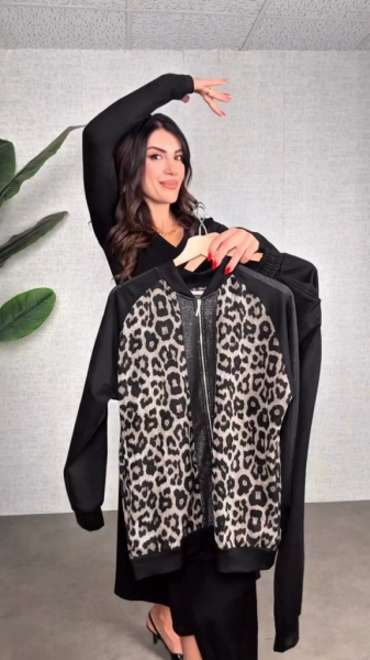 Kadın Uzun Kollu önden Fermuarlı Leopar Desenli Viskon Iki Iplik Bluz Ve Pantolon Ikili Takım