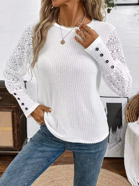 Kadın Uzun Kollu Bisiklet Yaka Kolları Tüllü Waffle Bluz